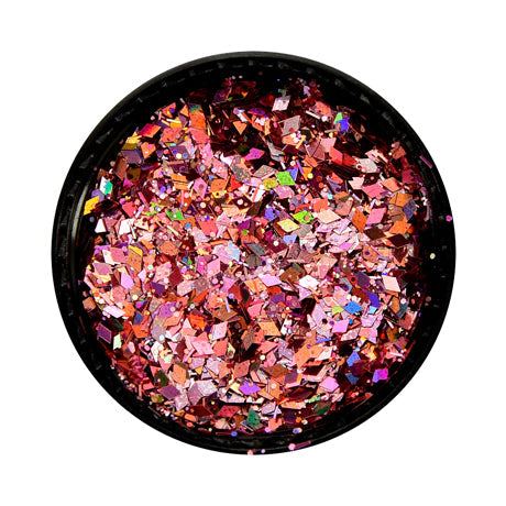 Multicolor glitter mix in light pink with various shapes and shiny reflections, perfect for nails.
