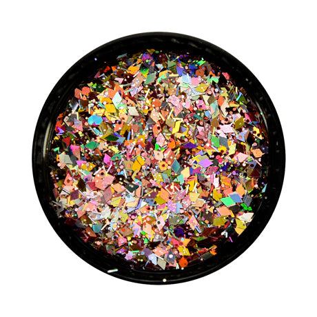 Multicolor glitter mix with various shapes and sizes in a black container.