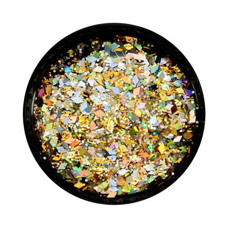 Multicolor glitter mix in assorted shapes and sizes, highly reflective.