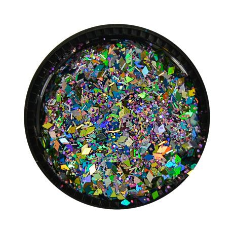 Multicolor glitter mix with various shapes and sizes in a container.