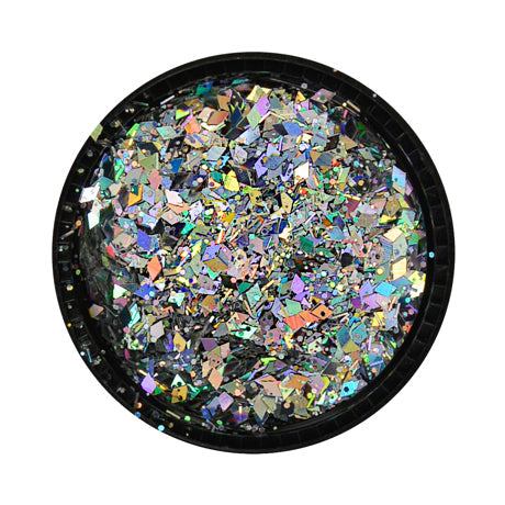 Multicolor glitter mix in varied shapes and sizes for nails.