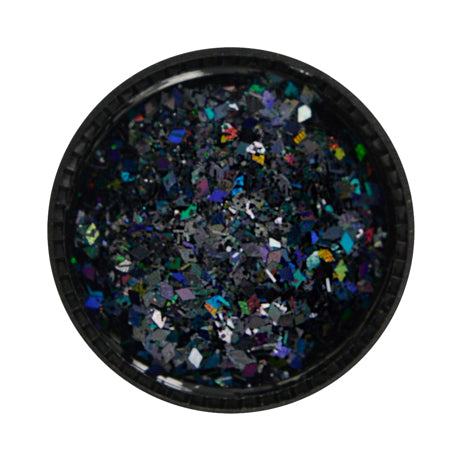 Multicolor glitter mix with various shapes and sizes in black container.