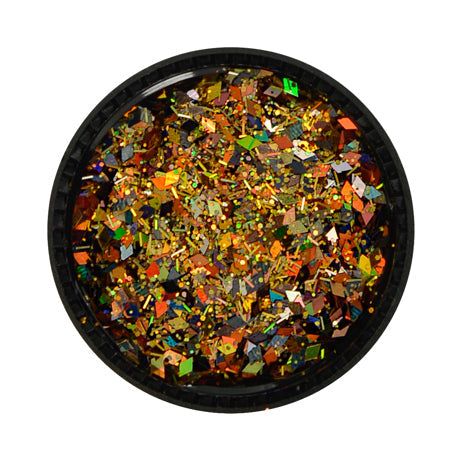 Multicolor glitter mix with diverse shapes and vibrant reflections in a container.