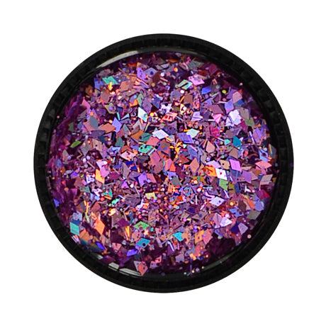 Multicolor glitter mix in pink with various shapes and sizes for nail art.