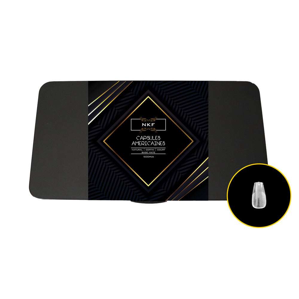 Natural Coffin Court MATE BASE NKF soft gel nail tips with matte base, 500 clear units for American method and press-on nails.