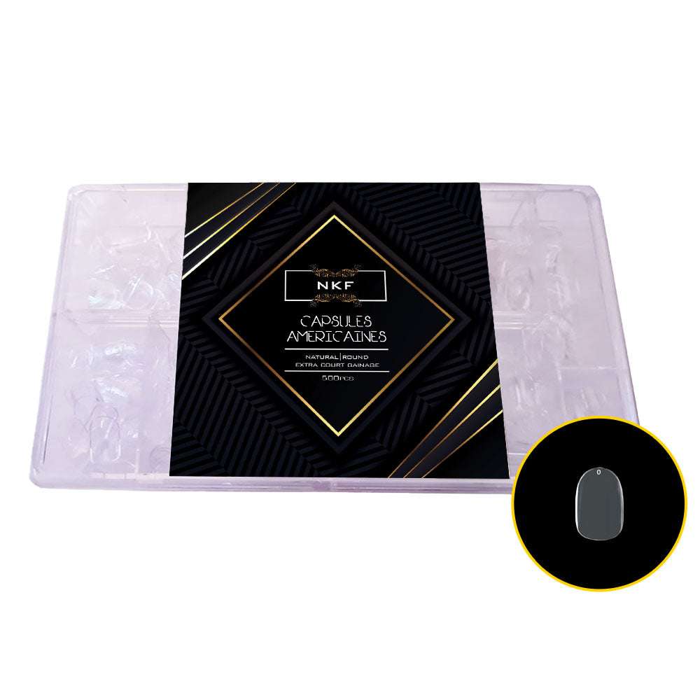 Natural Round Extra Court NKF soft gel nail tips, 500 clear tips for easy and fast nail extension, multiple sizes available, high-quality durable material.