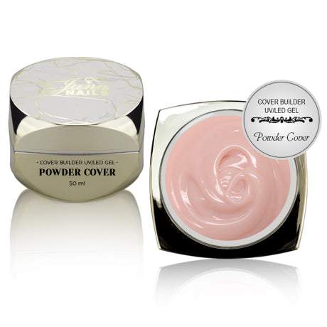 Powder Cover Builder 50 ml gel for nail enhancement, medium viscosity, natural color, ideal for French tips and nude styles.
