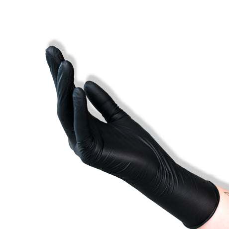 Black gloves in various sizes S, M, L, XL, pack of 100.
