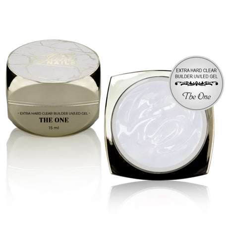 Builder The One 15 ml extra hard clear builder UV/LED gel in elegant packaging.