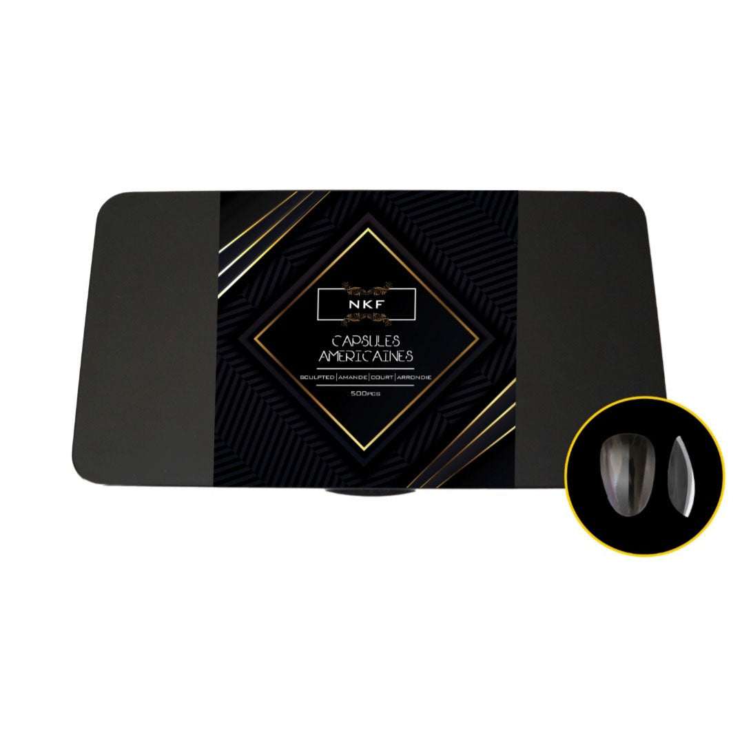 Sculpted Amande Court Arrondie NKF soft gel nail tips box with clear tips visible.