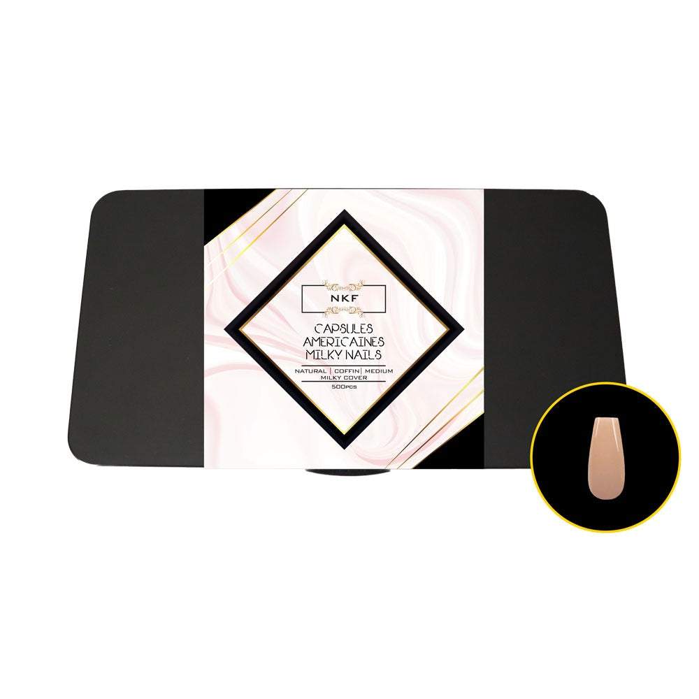 Milky Cover Natural Coffin Medium soft gel nail tips for American method, pre-colored, 500 pieces.