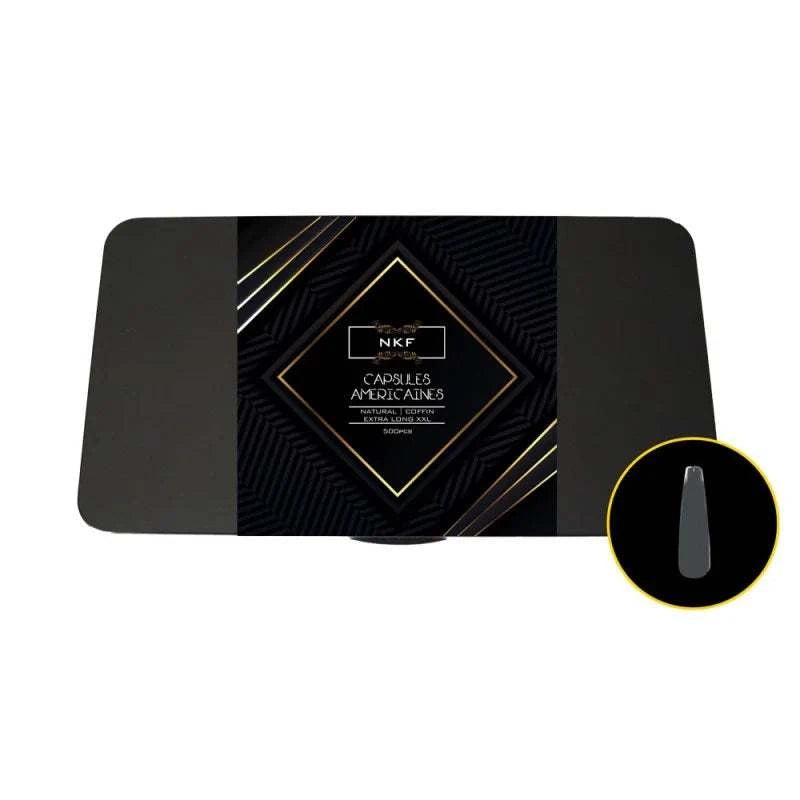 Natural Coffin Extra Long NKF soft gel nail tips in black packaging with clear color and durable ABS PMMA GEL material.