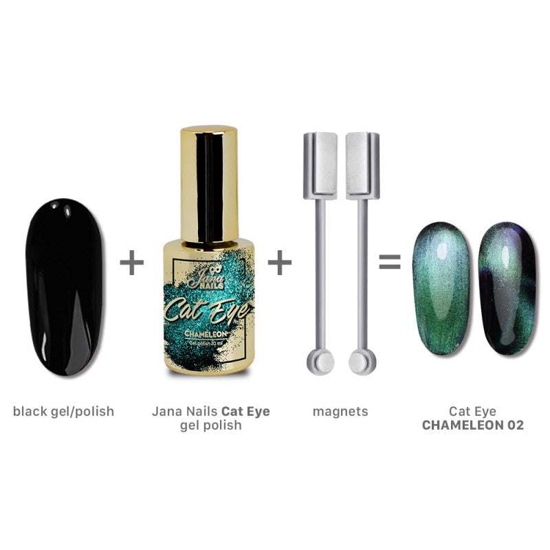 Cat Eye Chameleon 2 gel polish with magnets and black gel for unique effects.