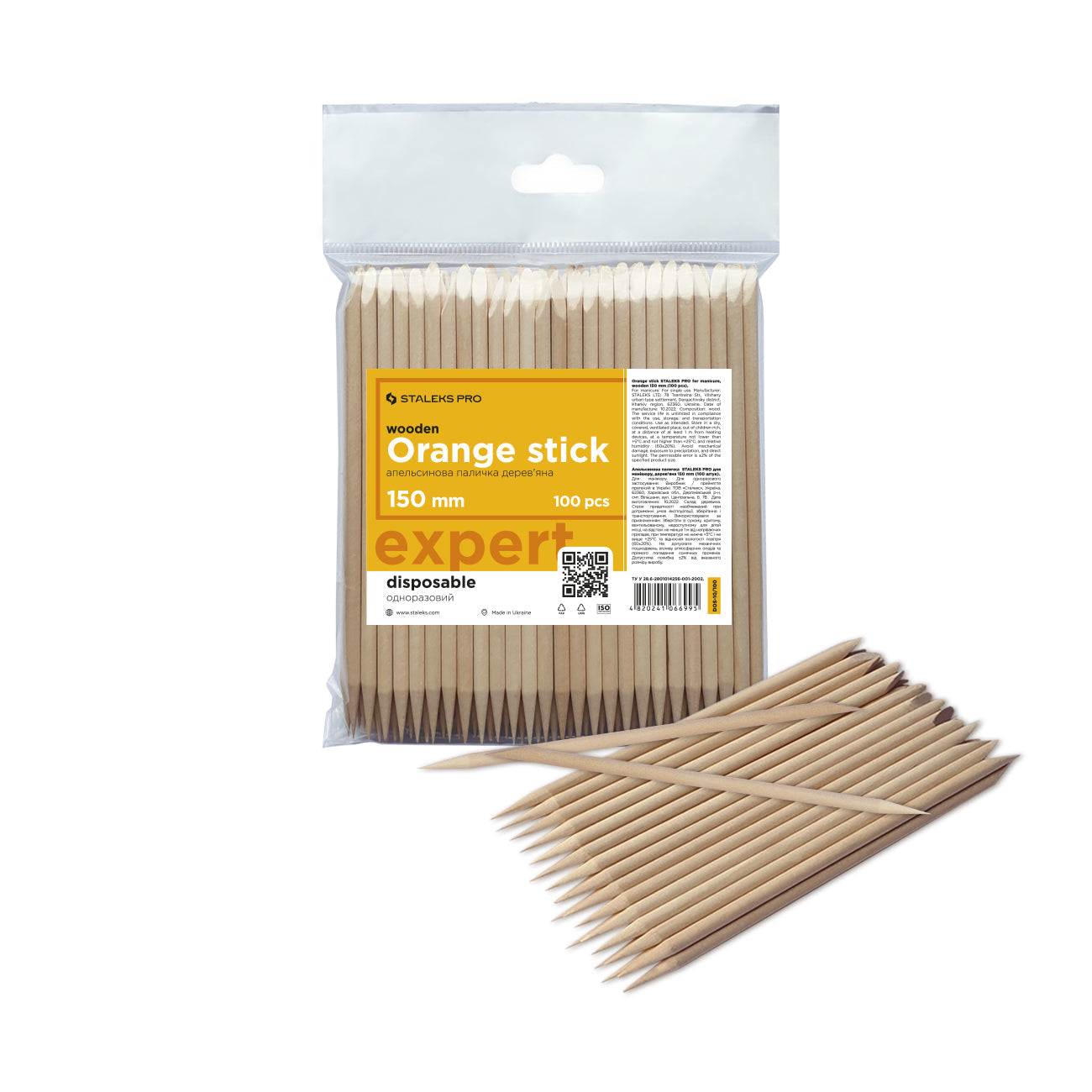 Staleks Orange stick 150 mm, pack of 100, made from natural wood, durable and precise for nail care.