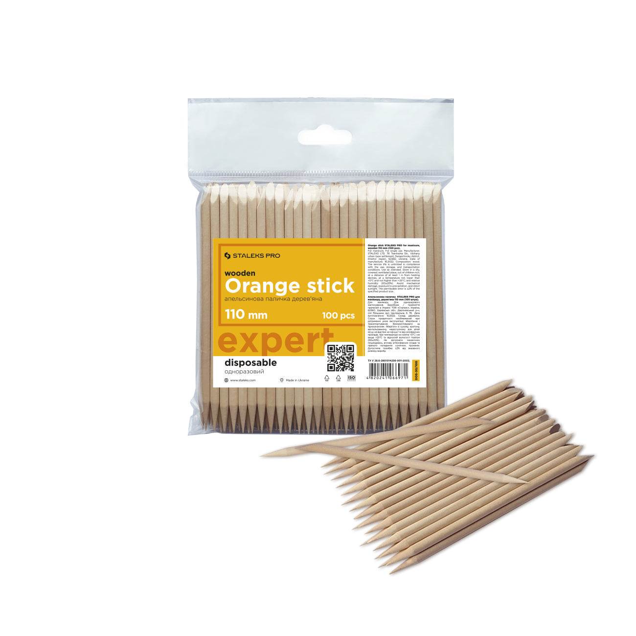 Staleks Orange stick 110 mm, pack of 100 natural wooden sticks, durable and disposable for nail care.