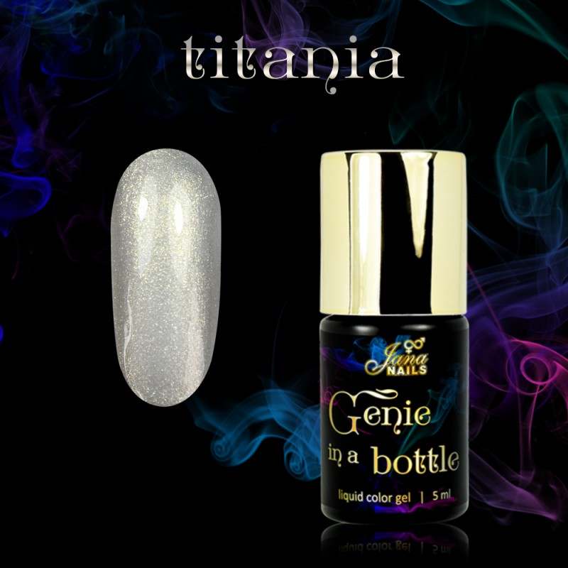 Genie In A Bottle Titania liquid color gel with shimmer effect and nail polish bottle.