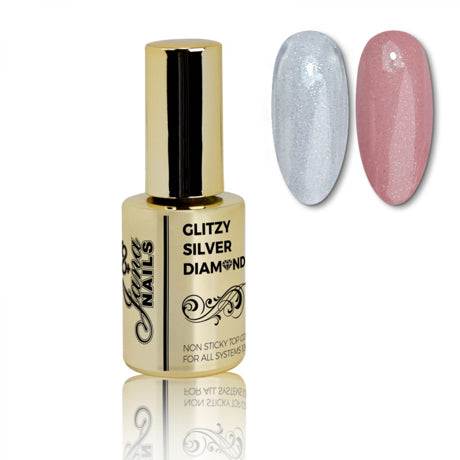 Glitzy Silver Top Coat 10 ml with glitter finish and color samples.
