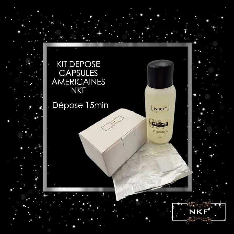 Kit dépose NKF avec dissolvant acétone, papiers aluminium et coton pour retrait de capsules et vernis.