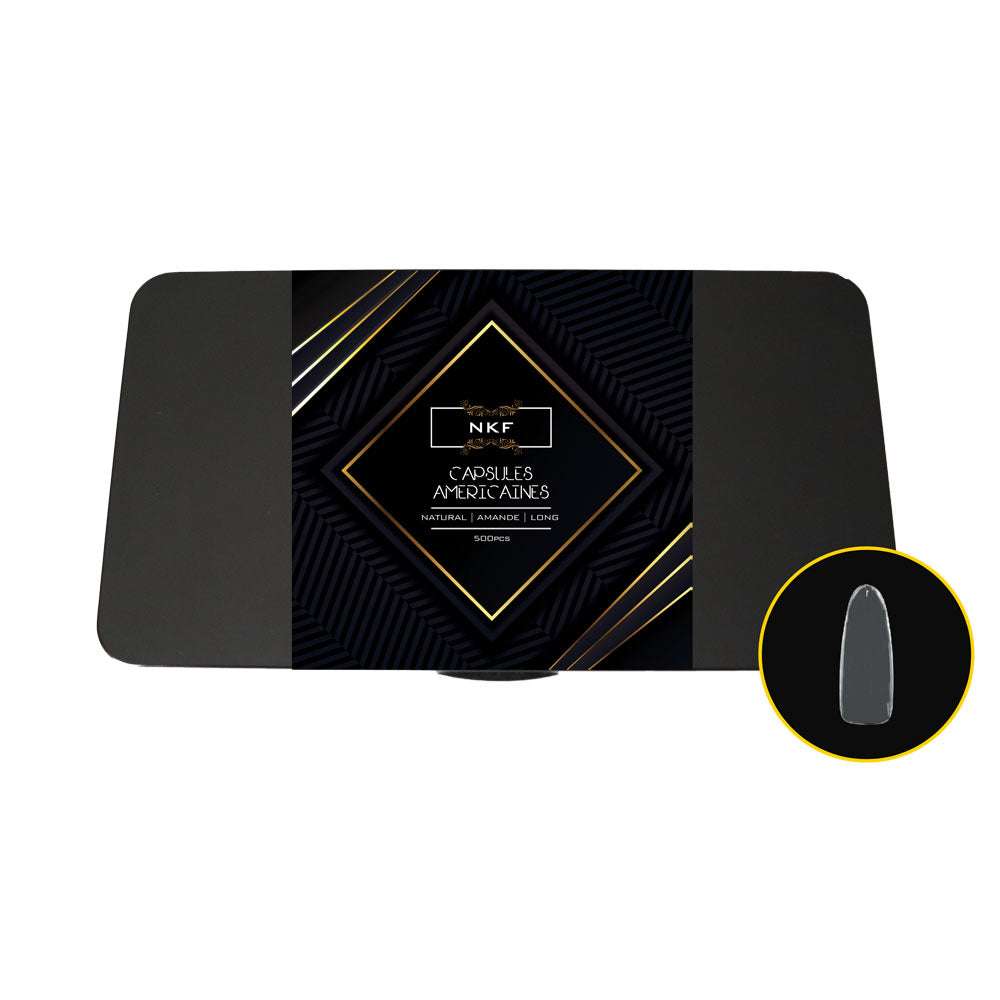 Natural Amande Long NKF soft gel tips for easy nail extensions, 500 clear gel capsules.