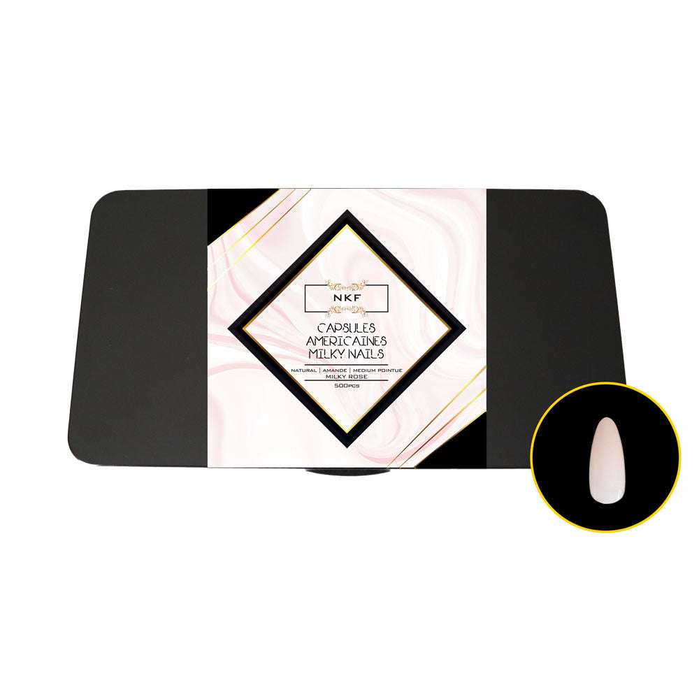 Milky Rose Natural Amande Pointue Medium soft gel tips for nail extensions, 500 pack in elegant packaging.