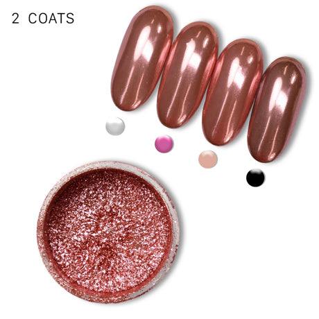 Chrome Mirroir Rose Gold nail powder with rose gold chrome finish and applicator.