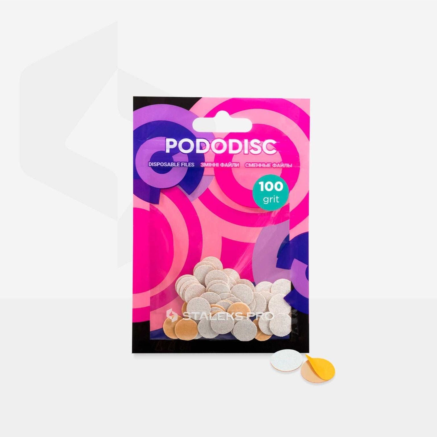 Staleks abrasifs Pododisc XS 100 grit, 50 pieces, high-quality abrasive elements, reliable adhesion, water-resistant carbide.