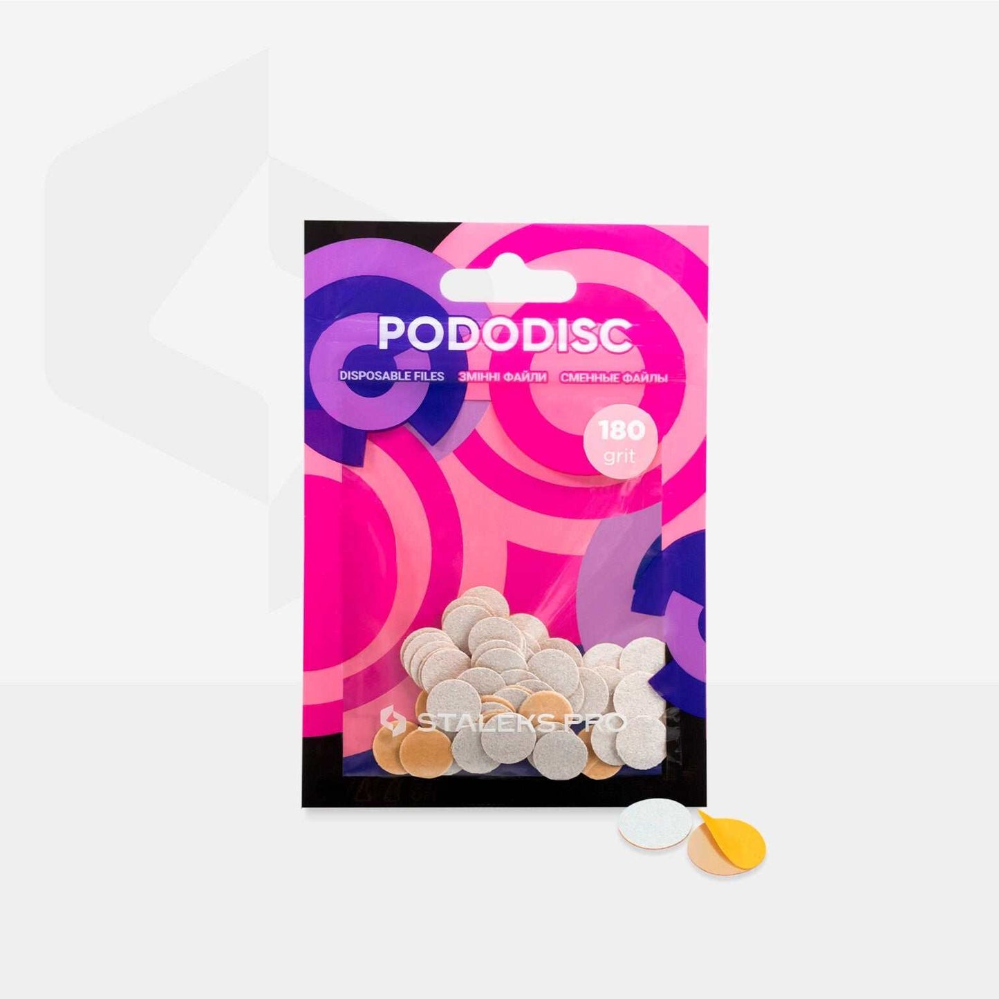 Staleks Pododisc XS 180 grit abrasive discs, 50 pieces, 10mm size, high-quality silicon carbide.