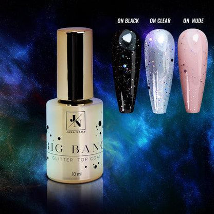 Big Bang Top Coat 10 ml bottle with glossy finish for gel, acrylic, and semi-permanent polish, shown on black, clear, and nude nails.