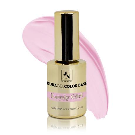 Duragel Pastel Color Base Lovely Girl 10 ml bottle with pink color swipe.
