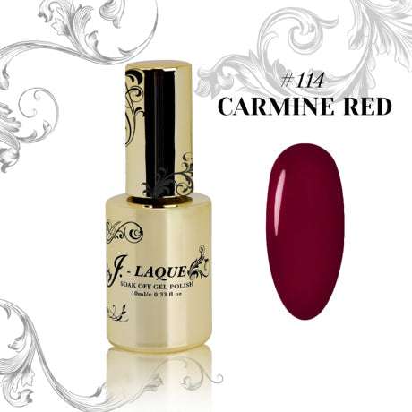 J-Laque 114 Carmine Red gel polish bottle with vibrant, opaque carmine red swatch.
