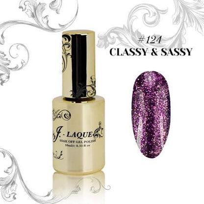 J-Laque 124 Classy & Sassy nail gel, vibrant purple glitter, highly pigmented, long-lasting.