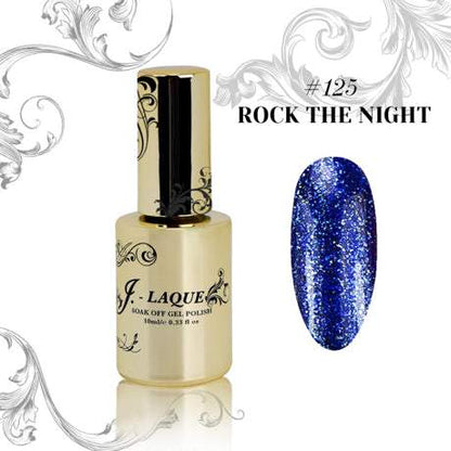 J-Laque 125 Rock The Night gel polish, deep blue with glitter, ideal for nail art.