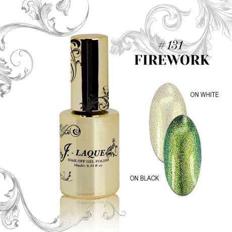 J-Laque 131 Firework gel polish with glitter finish on white and black backgrounds.