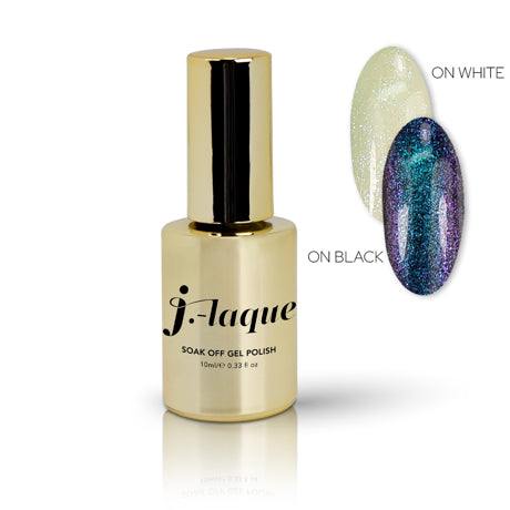 J-Laque 132 After Hour gel polish with shimmering effects on black and white backgrounds.