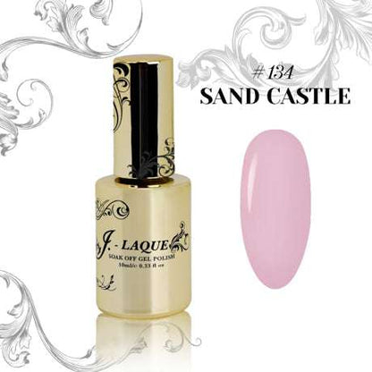 J-Laque 134 Sand Castle gel polish bottle with pink swatch.