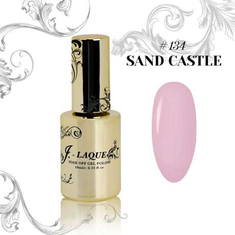 J-Laque 134 Sand Castle gel polish bottle with pink swatch.