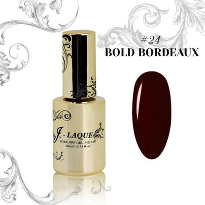 J-Laque 24 Bold Bordeaux soak off gel polish bottle with deep opaque color swatch.