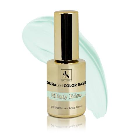 Duragel Minty Kiss pastel color base bottle with a mint-colored swatch, 10 ml.