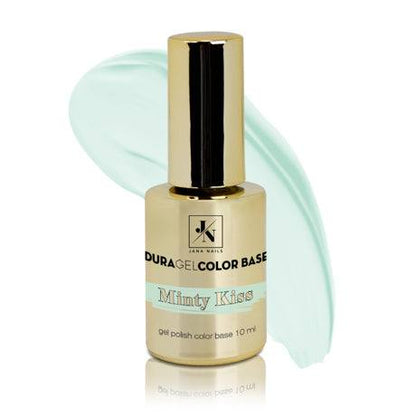 Duragel Minty Kiss pastel color base bottle with a mint-colored swatch, 10 ml.