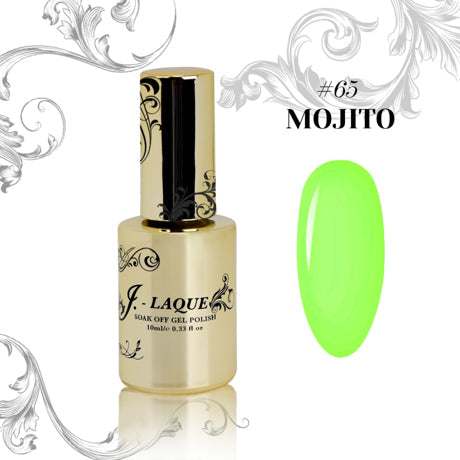 Bright green J-Laque 65 Mojito soak off gel polish bottle with color swatch.