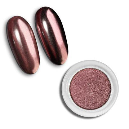 Pressed Chrome 06 nail powder, 1.5g container, with metallic finish samples.