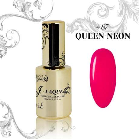 J-Laque 87 Queen Neon nail polish bottle with vibrant pink swatch, ideal for nail art, solvent-free formula.