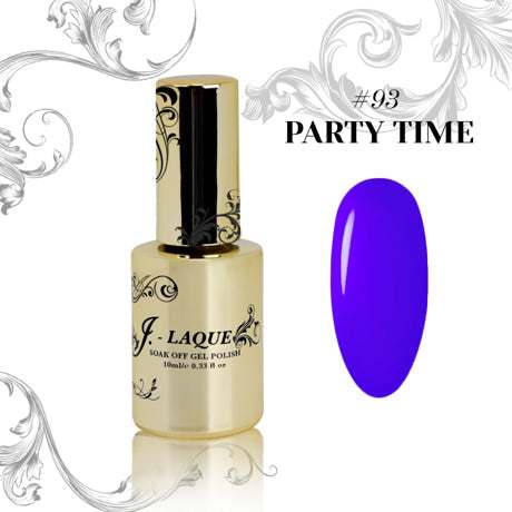 J-Laque 93 Party Time vibrant gel polish bottle and color sample.