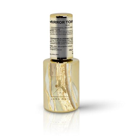 Mirror Top Coat bottle with gold and white marbled design, offering high gloss and protection for chrome effects.