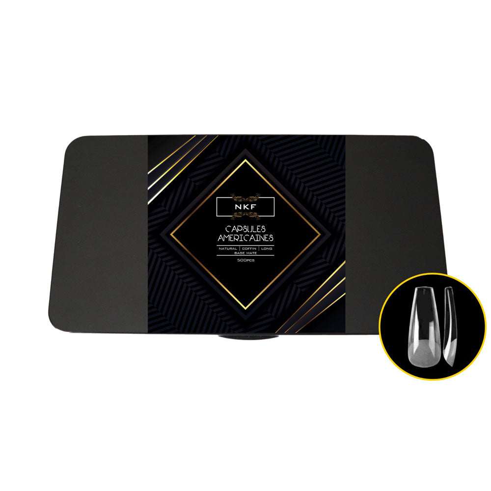 Natural Coffin Long MATE BASE NKF gel nail tips packaging, 500 clear soft gel tips for easy nail extension.