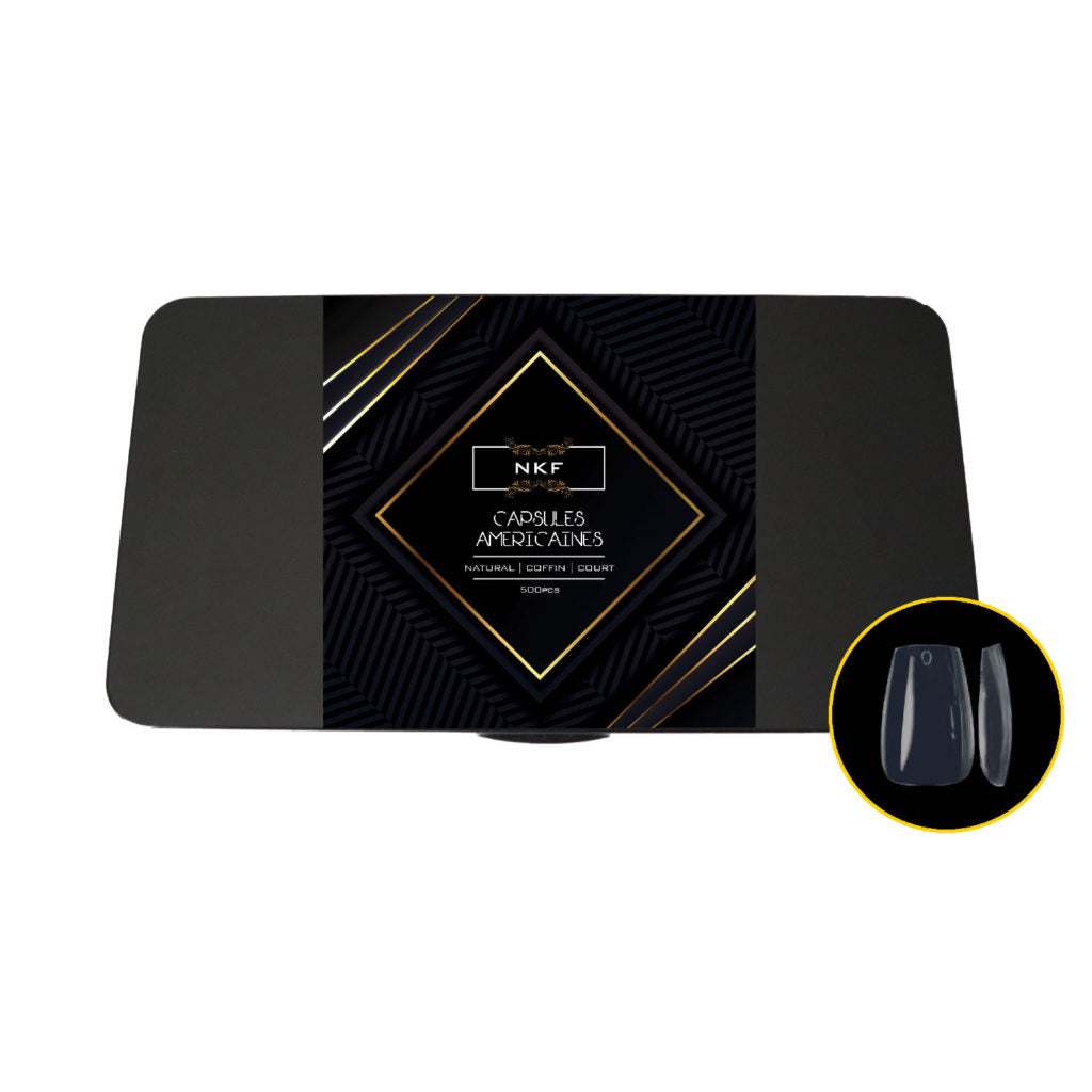 Natural Coffin Court NKF soft gel tips box with 500 clear gel nail extensions for professional use.