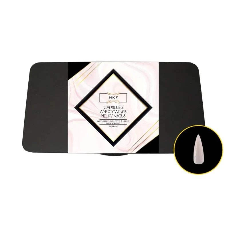 Natural Stiletto Long Milky Rose soft gel nail tips packaging.