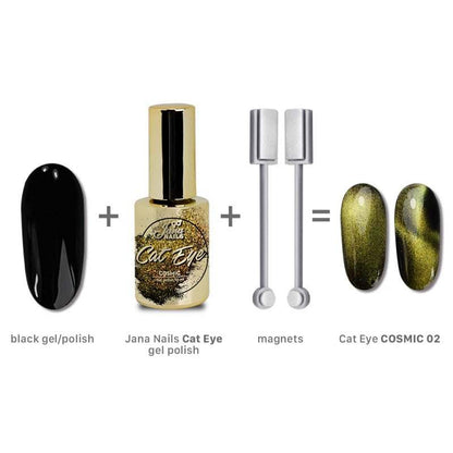 Cat Eye Cosmic 2 nail gel with black base polish, magnets, and chameleon effect.