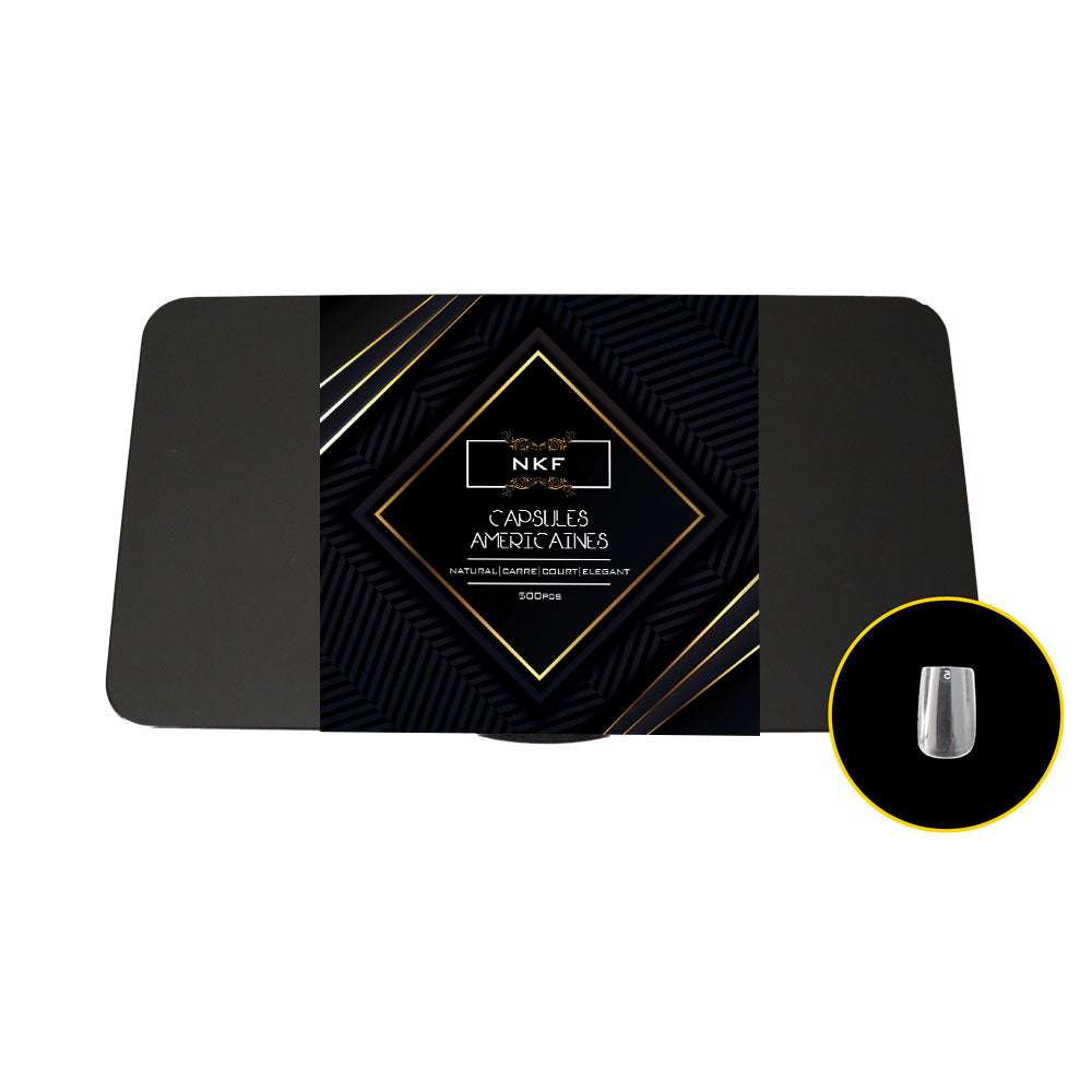 Natural Square Court Elegant NKF soft gel nail tips box with clear capsules for professional nail extensions.